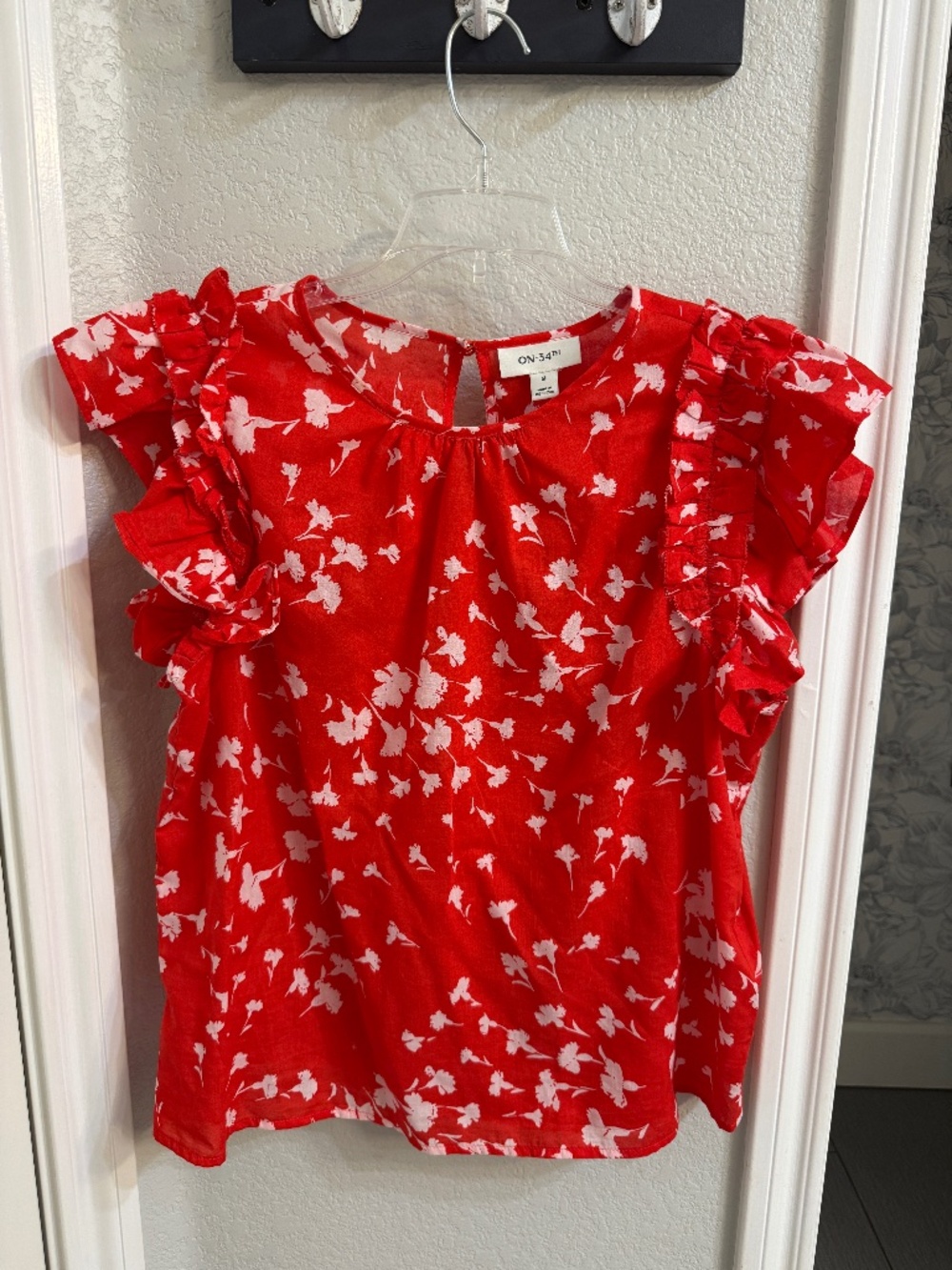ON 34th Red Floral Ruffle Sleeve Blouse
